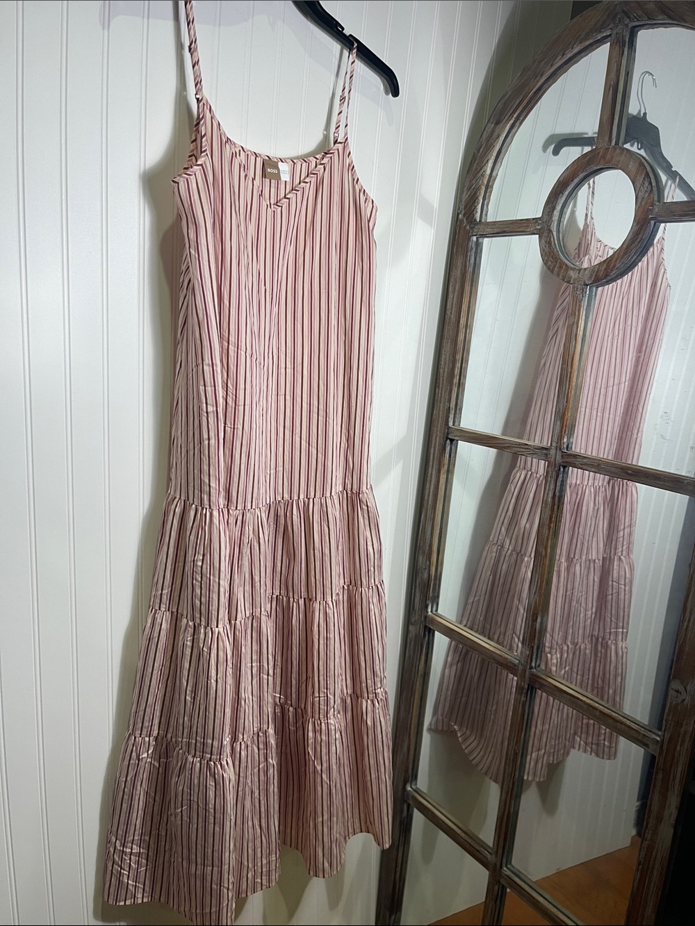 Boss Pink Striped Spaghetti-Strap Tiered Maxi Dress